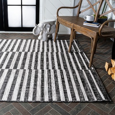 Ivory and Black Stripe Synthetic 8' x 10' Easy-Care Rug