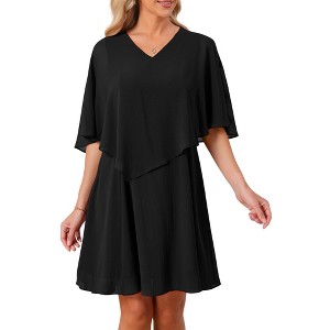 INSPIRE CHIC Women's Chiffon Summer Half Sleeve V Neck Knee Length Flowy Wedding Guest Dress X-Large Black