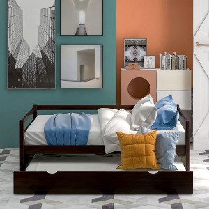 PAGED Twin Size Daybed Modern Simple Wooden Bed Frame with Trundle for Bedroom and Living Room, Espresso - 1 of 4