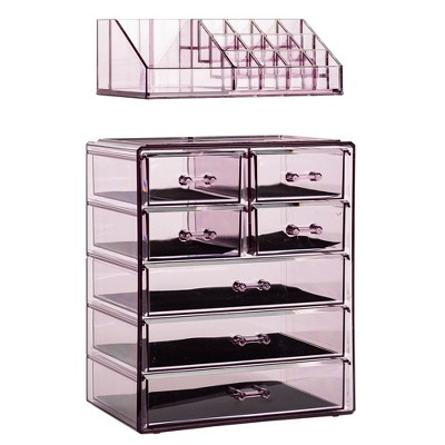 Purple Clear Acrylic Makeup Organizer with Drawers and Top Shelf