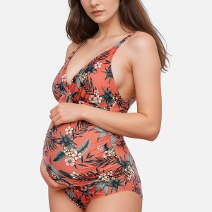 Anna-Kaci Swim Women's Tropical Print One-Piece Maternity Swimsuit with V-Neck and Ruched Sides for Growing Belly - 1 of 4