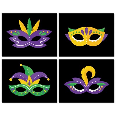 Big Dot of Happiness Colorful Mardi Gras Mask - Unframed Masquerade Linen Paper Wall Art - Set of 4 - Artisms - 11 x 14 inches