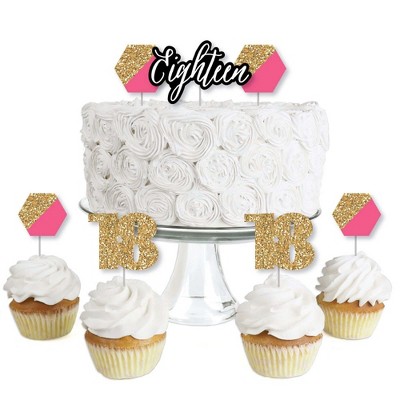 Big Dot of Happiness Chic 18th Birthday - Pink, Black and Gold - Dessert Cupcake Toppers - Birthday Party Clear Treat Picks - Set of 24