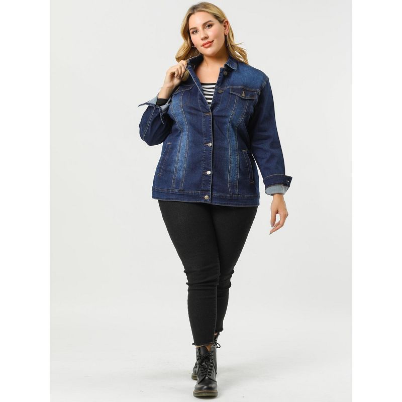 Agnes Orinda Women's Plus Size Outerwear Button Front Washed Casual Denim Jackets, 4 of 8