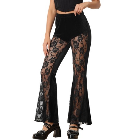 Flared Black Velvet Pants Bell Bottom Pants, Unique Lace Detail