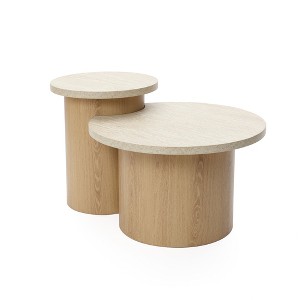 LuxenHome Set of Two Nesting Tables, Faux Travertine & Wood Grain Finish, Quality Manufactured Wood Brown - 1 of 4