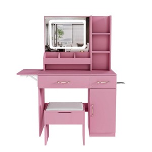 AENKYO Vanity Desk with LED Mirror, Makeup Dressing Table, 3 Drawers & Storage Stool 7 Shelves - Pink - 1 of 4