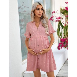 Womens Maternity Dress V Neck Lantern Sleeve Jacquard Dot Pocket Babydoll Baby Shower Dress - 1 of 4