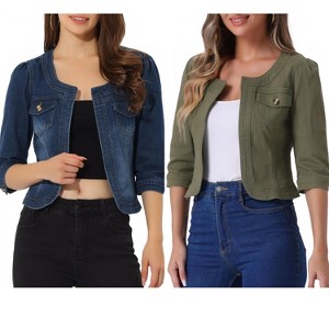 INSPIRE CHIC Women's Collarless Pockets 3/4 Sleeve Crop Denim Jackets 2 Pieces - 1 of 4