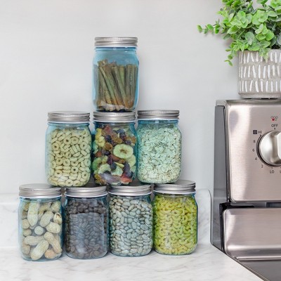 Retro Blue Plastic Mason Jars with Silver Lids, 16oz Set of 8