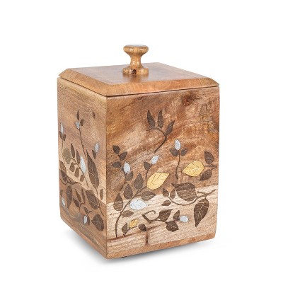 GG Collection Mango Wood with Laser and Metal Inlay Leaf Design Large Canister.