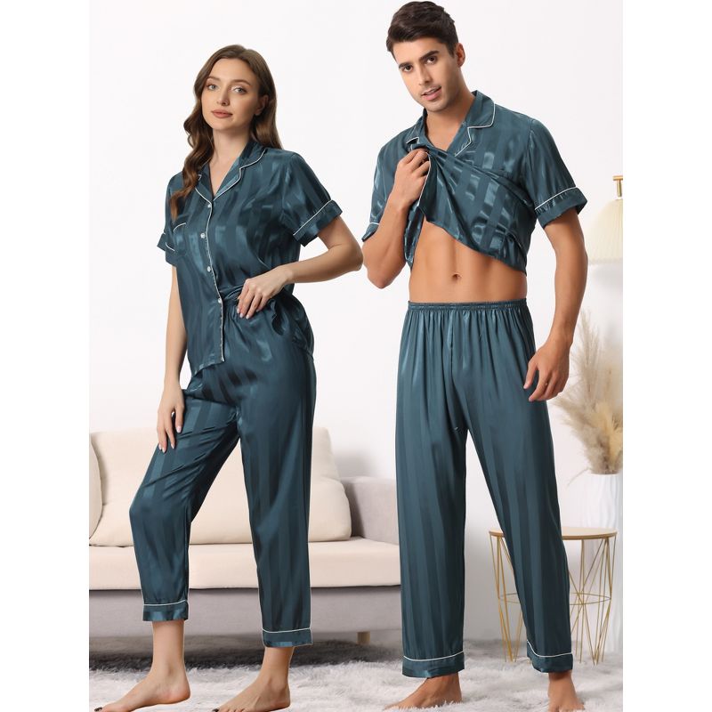 cheibear Men Striped Satin Button Down Short Sleeve Long Pants Pajama Set, 3 of 7