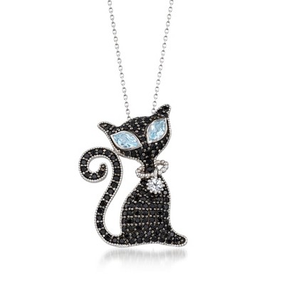 Ross-Simons 2.00 ct. t.w. Black Spinel and 1.40 ct. t.w. Blue and White Topaz Cat Pin Pendant Necklace in Sterling