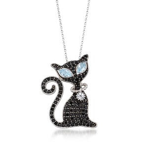 Ross-Simons 2.00 ct. t.w. Black Spinel and 1.40 ct. t.w. Blue and White Topaz Cat Pin Pendant Necklace in Sterling - 1 of 4