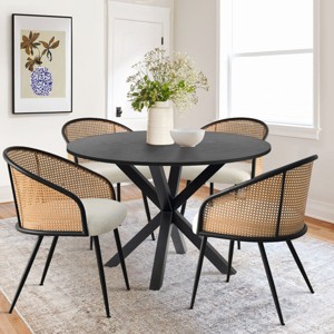 5-Piece Round Dining Set for 4, Dining Table Set with Bouclé Fabric Mesh Rattan Backrest Armreat Dining Chair, Dining Room Furniture - Maison Boucle - 1 of 4