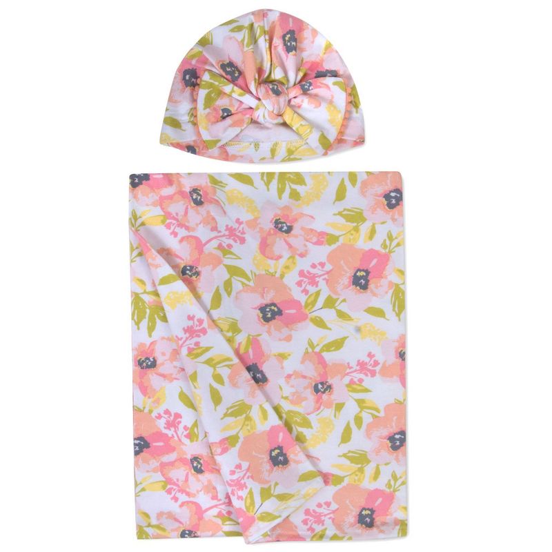 Baby Essentials Soft Floral Swaddle Blanket and Turban Set, 1 of 4