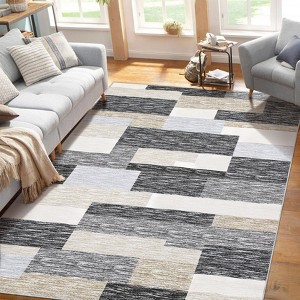 Machine Washable 4 x 6 Geometric Patchwork Throw Rug with Non-Slip Backing Low Pile Accent Carpet Foldable Floor Cover for Living Room - 1 of 4