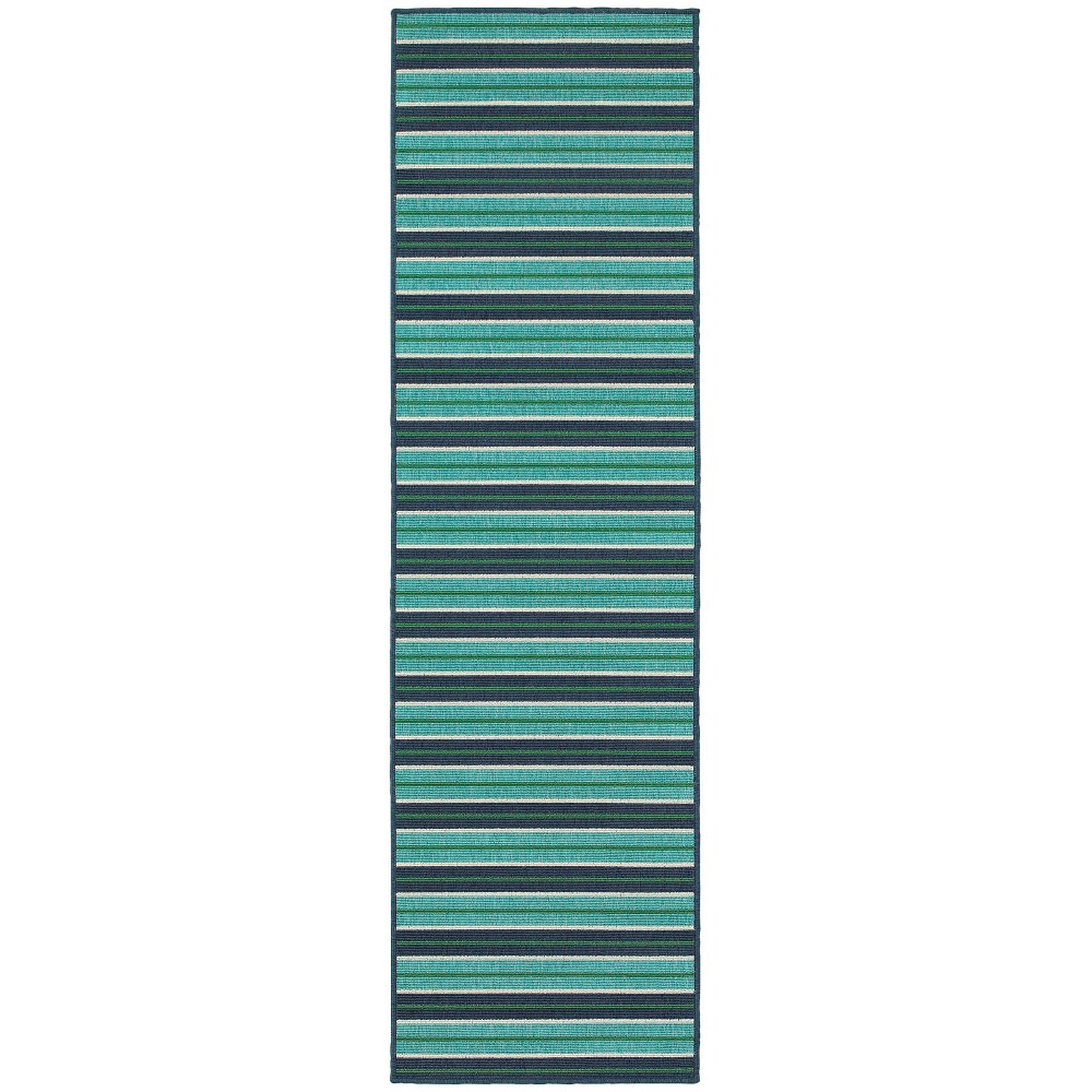 Photos - Area Rug 2'3"x7'6" Marco Multi-Striped Patio Rug Blue/Green - Captiv8e Designs