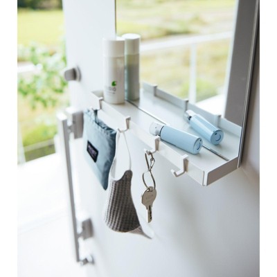 White Glass Magnetic Mirror with Storage Rack and Hooks