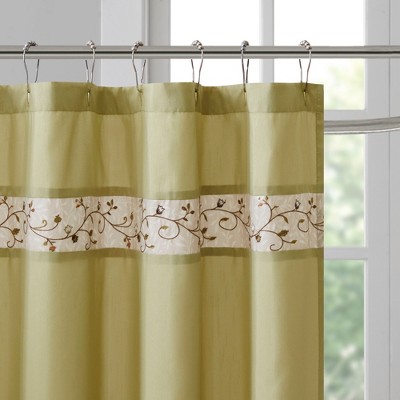 Green and Beige Faux Silk Embroidered Floral Shower Curtain