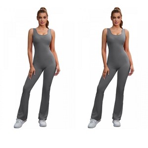INSPIRE CHIC 2 Pcs Women's Hollow Back Flare Jumpsuits One Piece Long Workout Fitness Full Body Shaper - 1 of 4