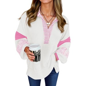 Imily Bela Womens Color Block  Oversized Polo Shirt V Neck Long Sleeve Casual Pullover Top - 1 of 4