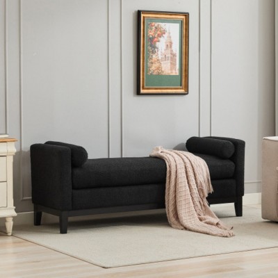 Elegant Upholstered Bench,Fabric Boucle,Daybed, Ottoman Bench With Wood Legs And 2 Bolster Pillows,Indoor Bench For Bedroom-Cuddlewood