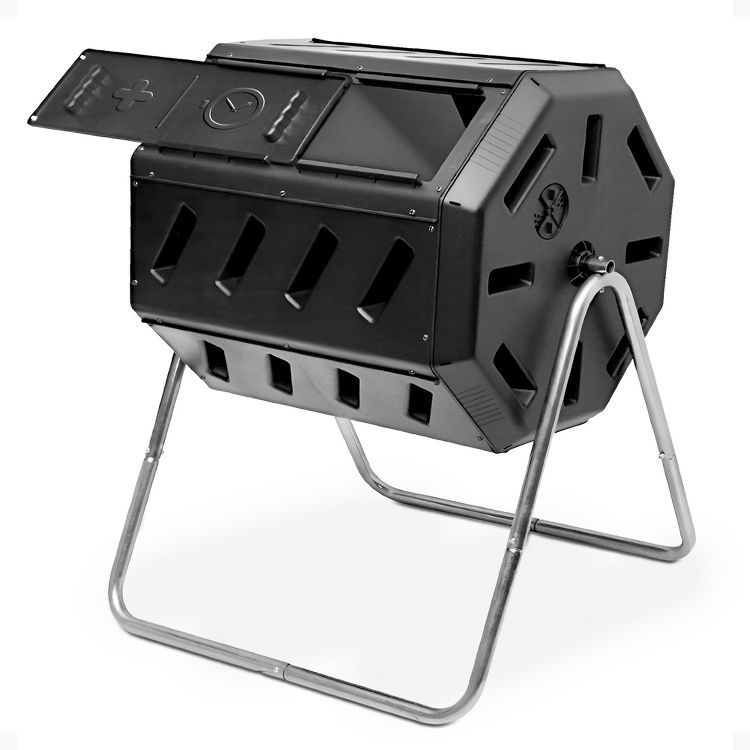 FCMP Outdoor IM4000 37 Gallon 8 Sided Plastic Dual Chamber Tumbling Composter Outdoor Elevated Rotating Garden Compost Bin, Black