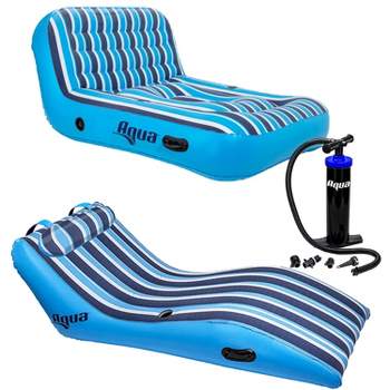 Aqua Ultra Cushioned Comfort Lounge Inflatable Swimming Pool Float with Pillow & 2 Person Pool Float Recliner Lounger with Hand Pump, Blue
