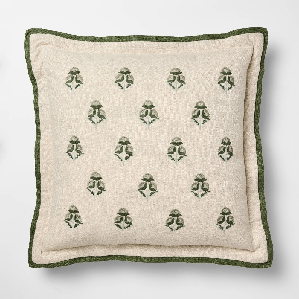 Photos - Pillow Square Embroidered Floral with Flange Natural/Green - Threshold™ Design with Studio McGee