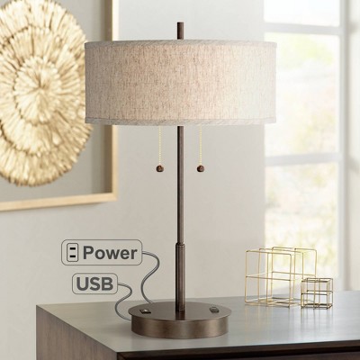 Bronze Table Lamp with Off-White Fabric Drum Shade and USB Port