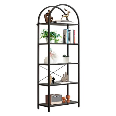 Industrial Arched Bookshelf 4-Tier - Metal Corner Shelf w/Adjustable Feet, Freestanding Bookcase for Living Room, Heavy-Duty Display Storage