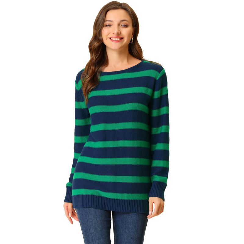 Allegra K Women's Long Sleeves Drop Shoulder Loose Striped Sweater, 1 of 7