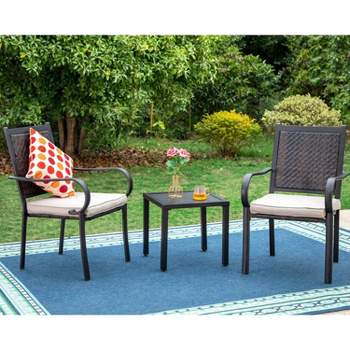 3pc Patio Conversation Set with Wicker Rattan Arm Chairs with Cushions & Square Side Table - Captiva Designs