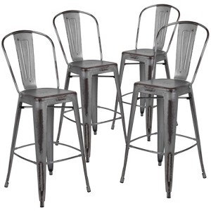 Emma and Oliver Commercial Grade 4 Pack 30" High Distressed Metal Indoor-Outdoor Barstool with Back - 1 of 4