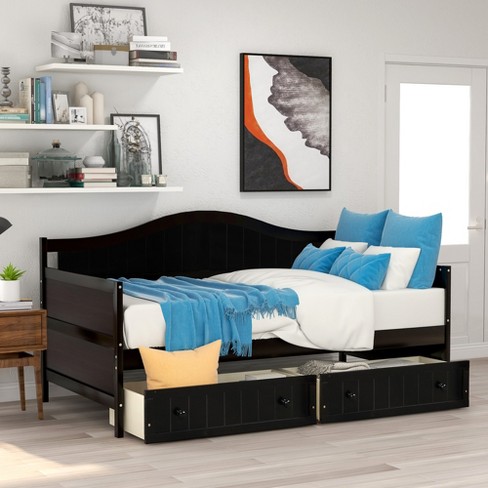 Wooden Daybed with Trundle Bed and Two Storage Drawers,Extendable Daybed  Twin to King,Wooden Sofa Bed Frame with Wood Slats Support for Bedroom  Living Room Guest Room,No Box Spring Needed,Espresso 