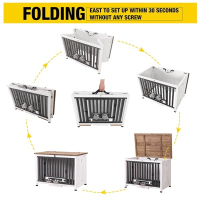 White and Black Wooden Dog Crate with Iron Frame and Feeder