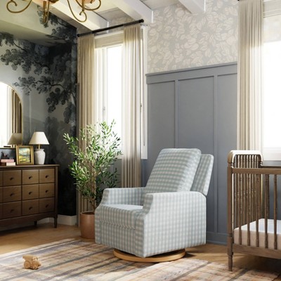 Blue Gingham Velvet Swivel Recliner with Light Wood Base