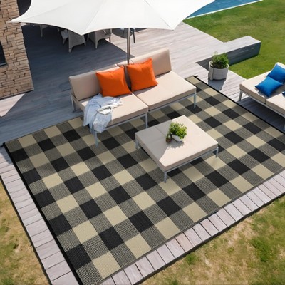 Outdoor Modern Stripe Picnic Mat Lightweight Woven Plastic Straw Rug for Camping Garden Backyard Patio Auto Low Pile Reversible Erasable Area Rugs