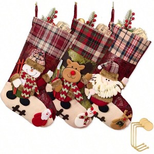 3 Pack Jumbo 3D Stockings with Golden Hooks, Large 18'' Plaid Xmas Socks for Fireplace Mantel Holiday Decor Gifts - 1 of 4