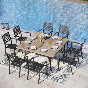 Captiva Designs 9pc Spacious Slat-top Square Metal Table with Umbrella Hole & Metal Stackable Chairs with Mesh Back - 1 of 4
