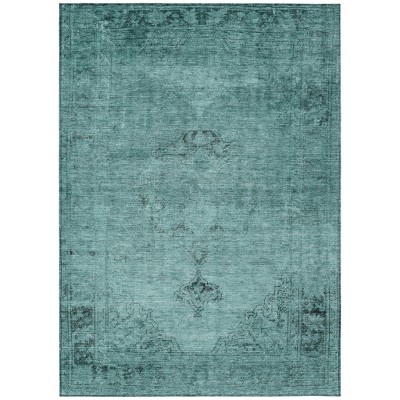 Teal Blue Turquoise And Charcoal Oriental Washable Indoor Outdoor Area Rug