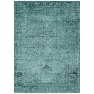 Teal Blue Turquoise And Charcoal Oriental Washable Indoor Outdoor Area Rug - 1 of 4