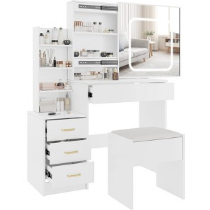 Vanity Desk with Mirror, Makeup Vanity Desk with Sliding Lighted Mirror, Power Outlet, Dressing Table with 4 Drawers, Storage Shelves & Stool - 1 of 4