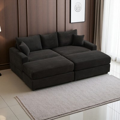 82" Corduroy Sectional Sofa Bed with Pillows & Ottomans