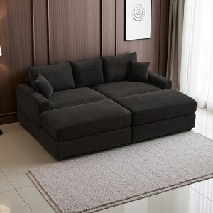 82" Corduroy Sectional Sofa Bed with Pillows & Ottomans - 1 of 4