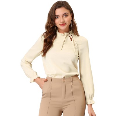 INSPIRE CHIC Women's Elegant Long Sleeve Ruffle Tie Neck Business Work Top