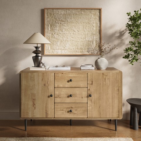 LuxenHome Oak Manufactured Wood 48.8-Inch Wide 2-Door 3-Drawer Buffet Cabinet