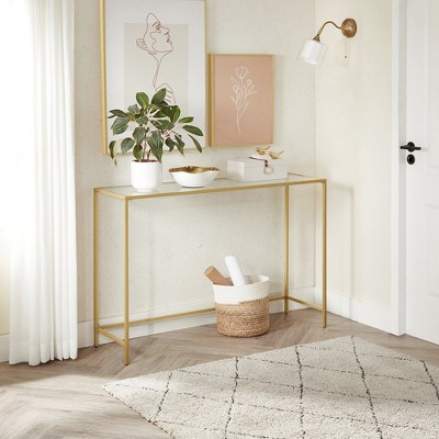 VASAGLE 47.2 Inches Console Table Tempered Glass Sofa Table, Modern Entryway Table Sturdy Metal Frame Adjustable Feet Gold Color