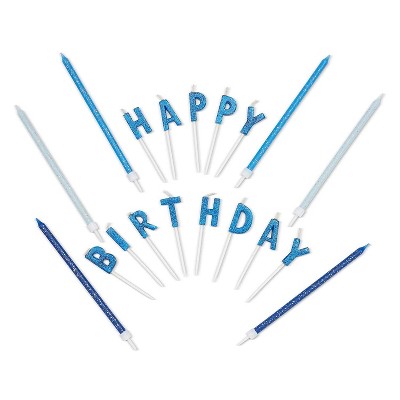 Blue Panda 37-Count Glitter Blue "Happy Birthday" Letters Cake Topper with Thin Candles 5-Inch & Holders